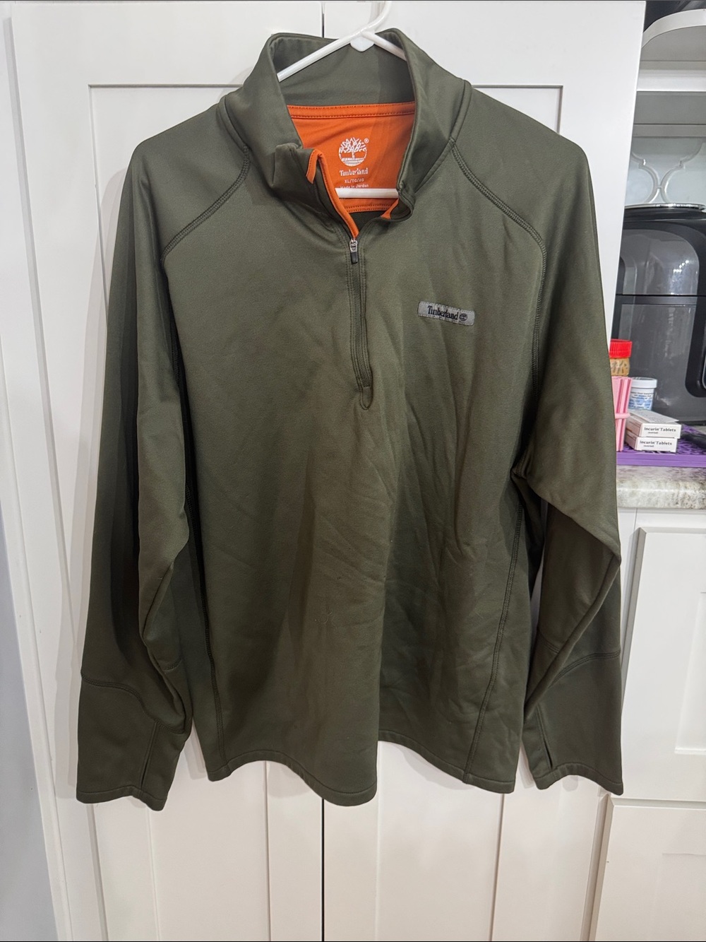 Timberland Men's Olive Green Half-Zip Performance Pullover with Orange Lining